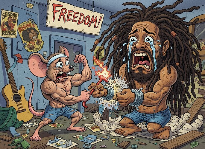 Firefly_Gemini Flash_Un ratón que está rompiendo las muñecas de un rasta que llora. En todo exagerado y co 631870